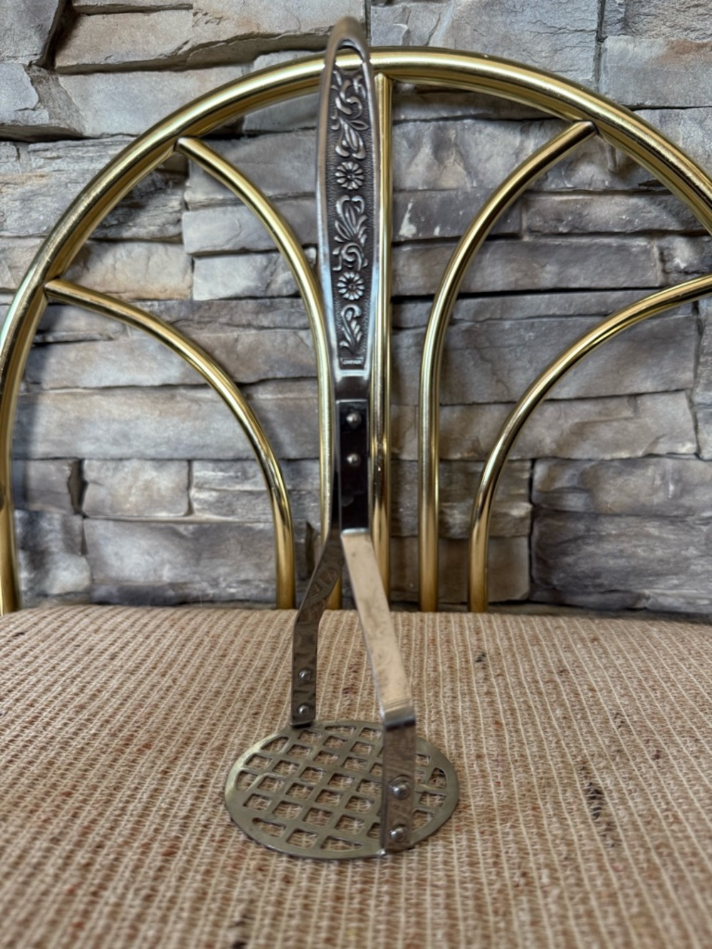 Vintage Floral-Handled Metal Potato Ricer - Made in Japan